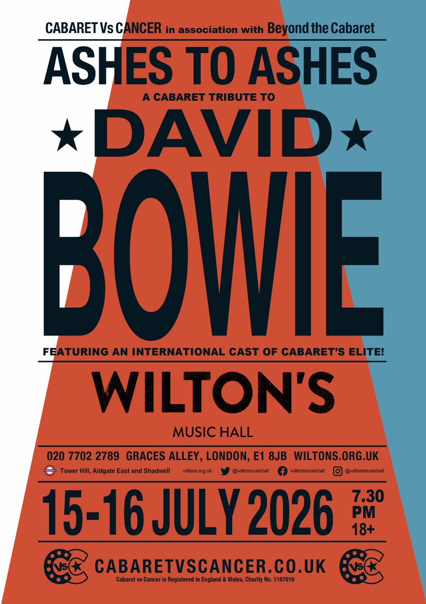 cabaretVScancer's tweet photo. β¨ ITβS BACK. #AshesToAshes β our annual Bowie cabaret tribute β returns to @WiltonsMH on 16 & 17 July 2025.
New show. Live band. All proceeds to charity.
Every Ziggy, every Goblin King, every Starman: this one's for you. πΈ
π https://t.co/HoY0G1e6Th
#Bowie #bowielondon https://t.co/SIM4LqwW3O