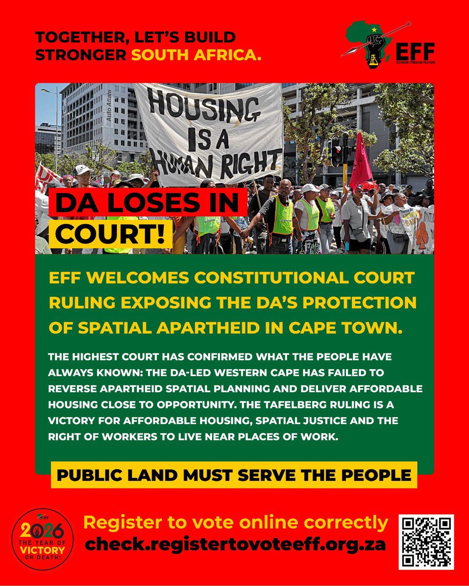 EFFGautengProv's tweet photo. EFF welcomes Constitutional Court ruling exposing the DA's protection of spatial apartheid in Cape Town.

Register To Vote EFF In The 2026 Local Government Elections To Be Held On The 4th of November 2026

Link: https://t.co/RdW8o1Zm4x https://t.co/Ls1VkPfmKI