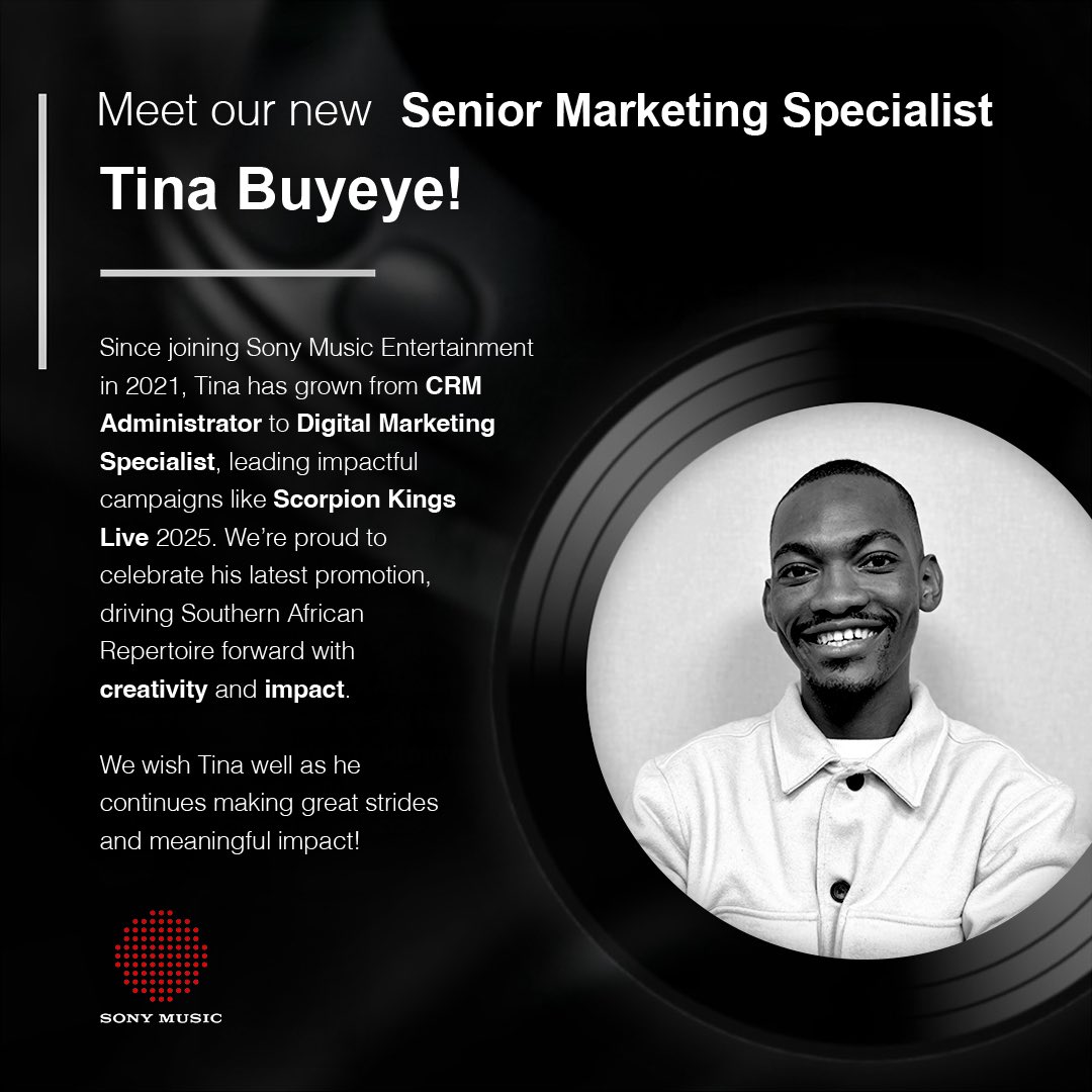 SonyMusicAfrica's tweet photo. Meet our new Senior Marketing Specialist ‘Tina Buyeye’. We are excited for the next chapter in the team👏🏾 https://t.co/KIf0GhxIeM