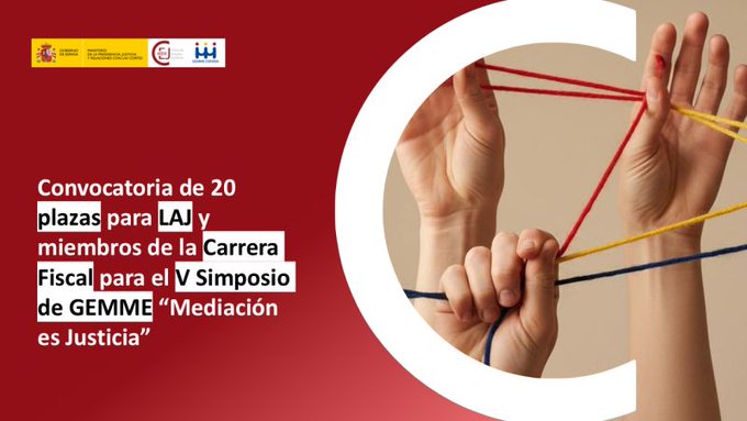 cejmjusticia's tweet photo. 📢 Mañana arranca el V Simposio #GEMME de
@MediacionJusta bajo el lema “Tejiendo convivencia en tiempo de ruido”.

Durante dos días de jornadas, la @USPCEU de Madrid acogerá este encuentro dirigido a miembros de la #CarreraFiscal y la #CarreraJudicial. 

🔗https://t.co/2OCpZeq7IT https://t.co/6OlO5NHnjq