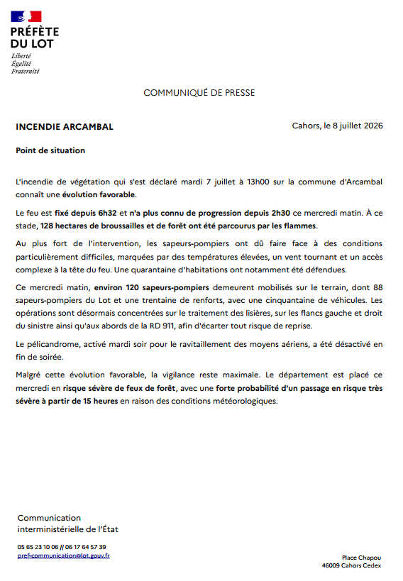 Image de Préfète du Lot : #incendie | Arcambal : point de situation ce matin. 
👉 + d'infos en suivant ce lien : https://www.l