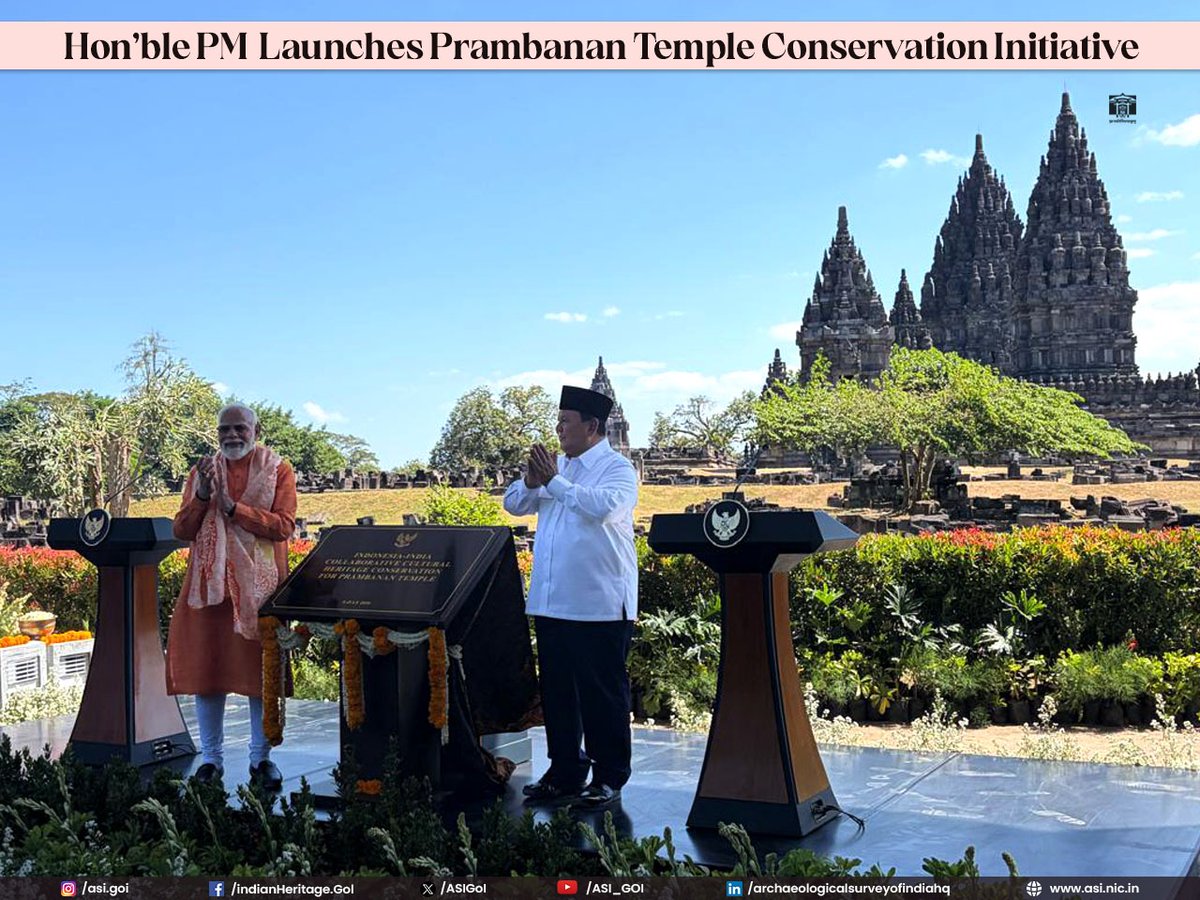 ASIGoI's tweet photo. The Archaeological Survey of India is honoured to undertake the conservation of Prambanan Temple, a UNESCO World Heritage Site in the Special Region of Yogyakarta, Indonesia, under the India–Indonesia Collaborative Conservation initiative jointly launched by Hon'ble Prime Minister Shri Narendra Modi and President of Indonesia, Prabowo Subianto. 

This landmark collaboration is a testament to the enduring civilisational ties between India and Indonesia, reflecting a shared commitment to preserving our rich cultural heritage and passing it on to future generations.

Dating back to the 10th century CE, Prambanan Temple is Indonesia's largest Hindu temple complex dedicated to Shiva. The sprawling complex consists of 240 temples, with three magnificent central shrines devoted to Shiva, Vishnu, and Brahma. These are accompanied by three temples dedicated to their respective vahanas (divine mounts), while beautifully carved reliefs narrating the story of the Ramayana adorn the temple walls.