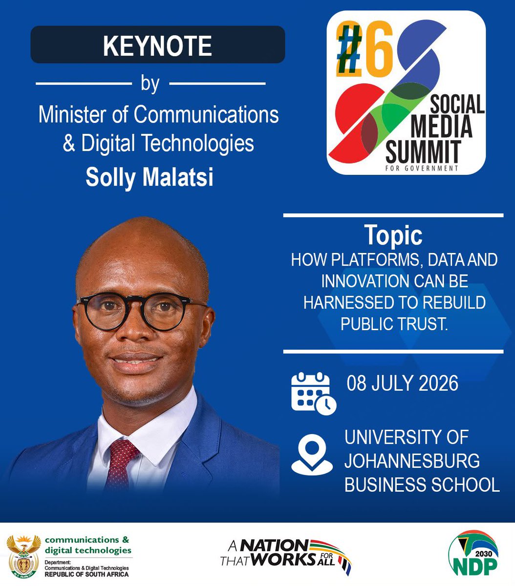 CommsZA's tweet photo. Join Minister @SollyMalatsi as he delivers a keynote at the #6SocialMediaSummit on how platforms, data and innovation can help rebuild public trust and strengthen digital governance. https://t.co/h6uu6FsHTo