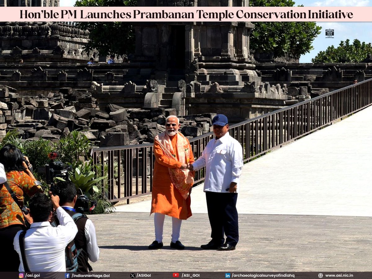 ASIGoI's tweet photo. The Archaeological Survey of India is honoured to undertake the conservation of Prambanan Temple, a UNESCO World Heritage Site in the Special Region of Yogyakarta, Indonesia, under the India–Indonesia Collaborative Conservation initiative jointly launched by Hon'ble Prime Minister Shri Narendra Modi and President of Indonesia, Prabowo Subianto. 

This landmark collaboration is a testament to the enduring civilisational ties between India and Indonesia, reflecting a shared commitment to preserving our rich cultural heritage and passing it on to future generations.

Dating back to the 10th century CE, Prambanan Temple is Indonesia's largest Hindu temple complex dedicated to Shiva. The sprawling complex consists of 240 temples, with three magnificent central shrines devoted to Shiva, Vishnu, and Brahma. These are accompanied by three temples dedicated to their respective vahanas (divine mounts), while beautifully carved reliefs narrating the story of the Ramayana adorn the temple walls.