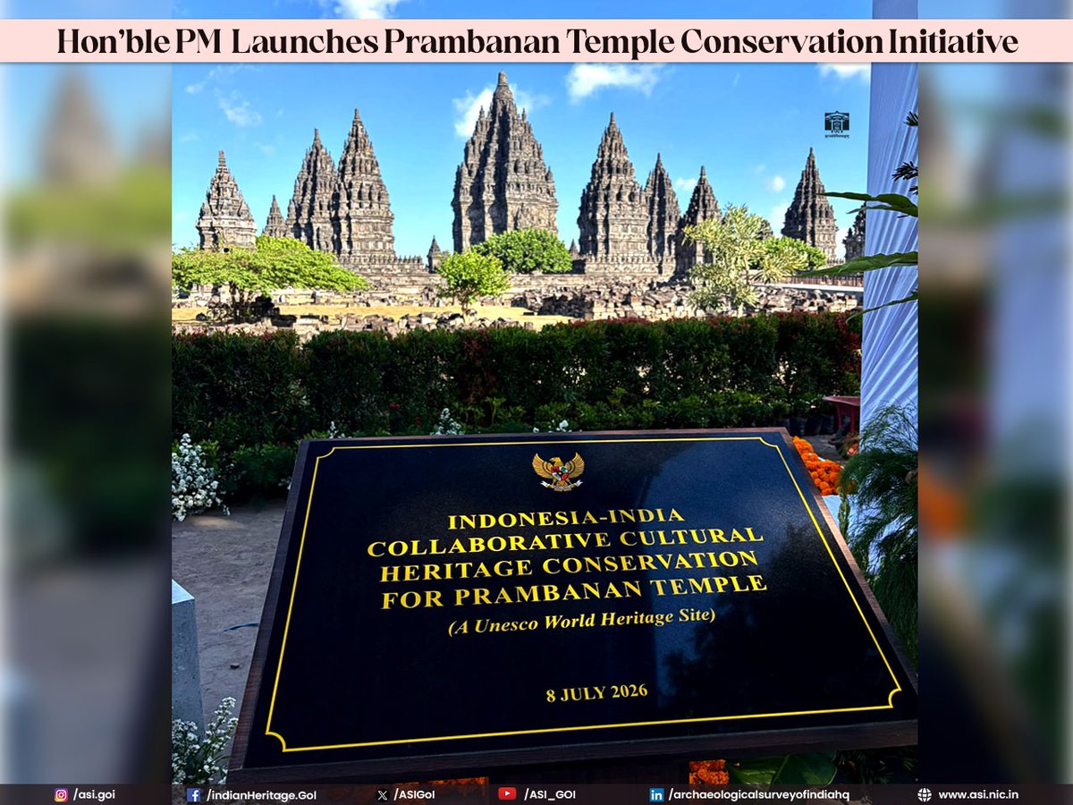 ASIGoI's tweet photo. The Archaeological Survey of India is honoured to undertake the conservation of Prambanan Temple, a UNESCO World Heritage Site in the Special Region of Yogyakarta, Indonesia, under the India–Indonesia Collaborative Conservation initiative jointly launched by Hon'ble Prime Minister Shri Narendra Modi and President of Indonesia, Prabowo Subianto. 

This landmark collaboration is a testament to the enduring civilisational ties between India and Indonesia, reflecting a shared commitment to preserving our rich cultural heritage and passing it on to future generations.

Dating back to the 10th century CE, Prambanan Temple is Indonesia's largest Hindu temple complex dedicated to Shiva. The sprawling complex consists of 240 temples, with three magnificent central shrines devoted to Shiva, Vishnu, and Brahma. These are accompanied by three temples dedicated to their respective vahanas (divine mounts), while beautifully carved reliefs narrating the story of the Ramayana adorn the temple walls.
