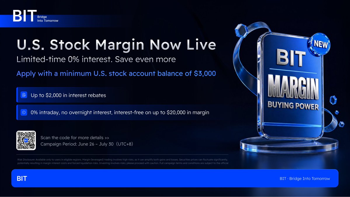 QueenslyCrypt's tweet photo. One thing I’ve noticed is that the best platforms don’t stop at adding more assets rather they keep improving what you can actually do with them.

That’s exactly what @BITStocks_EN
is doing.

BIT has officially launched Margin Trading for U.S. Stocks, giving eligible users more flexibility in how they manage their investments while staying within a regulated investment platform.

To celebrate the launch, BIT is also running two limited-time promotions campaign designed for first-time margin users.

Here’s what you should know:

▪️First Margin Loan – Limited-Time 0% Interest
Eligible users can enjoy 0% interest for 30 days on their first margin loan, making it easier to explore the new feature while keeping borrowing costs down.

▪️Interest Cashback Rewards
Depending on your membership tier, you can earn cashback on eligible margin interest, with rewards of up to $2,000 per account during the campaign.

And that’s not all.

New users can also enjoy:
• $0 commission on eligible U.S. stock trades.
• A $100 trading voucher.
• Free live U.S. stock quotes.
• A 50% APY USDT Booster for 7 days.

If you’re already holding eligible U.S. stocks elsewhere, BIT also rewards stock transfers with vouchers and cash rewards, depending on the value transferred.

It’s good to see platforms building beyond simple buy-and-sell functionality and giving users more ways to manage their portfolios in one place.

Get started using my referral link👇

https://t.co/vFDaPDgz7E

Use my referral code when signing up: RQJY6M

📌 NFA. Always do your own research before investing.
