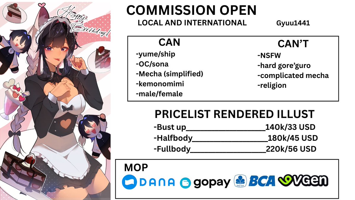 Gyuu1441's tweet photo. ✨OPEN COMMISSION LOCAL &amp; INTER✨
RT &amp; Likes are really appreciated!

Hi! I'm open illust services for both local and inter 10 slots only~
Fullrender and flatcolored
feel free to DM me^^

#zonakaryaid #artidn #zonauang #VGenOpen https://t.co/gFZUN0SyTB