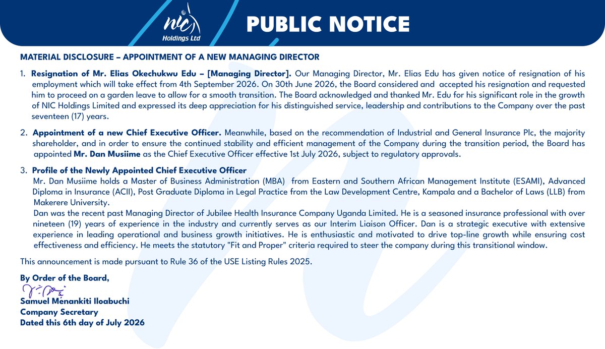USEUganda's tweet photo. NOTICE: @nicholdings have announced the appointment of a new managing director effective 1st July 2026.

For more information, please follow the link to our website:  https://t.co/WFwQTxXPXi https://t.co/i3FgLpOQSL