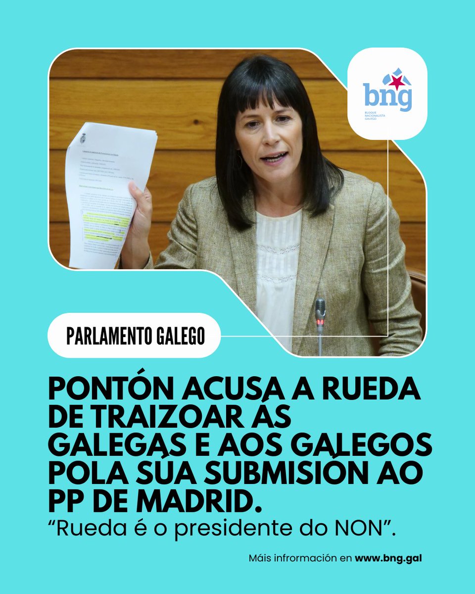 obloque's tweet photo. ➡️ @anaponton acusa a Rueda de traizoar ás galegas e aos galegos pola súa submisión ao PP de Madrid

➡️ É o presidente do non. Non á transferencia da AP-9, Non a quita da débeda, Non á negociación dun financiamento xusto, Non ao galego.

🔗 https://t.co/caZrkp1dph https://t.co/Lmeef0hZuW
