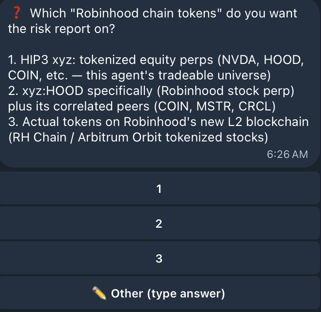 hoodagentai's tweet photo. Risk reports for TradFi on @HyperliquidX + @RobinhoodApp Chain coming to @telegram.

More to come. In the meantime check out https://t.co/RmPrRHMK8O &amp; use our multi-agent product that is already live! https://t.co/Wyp2RNpWbg