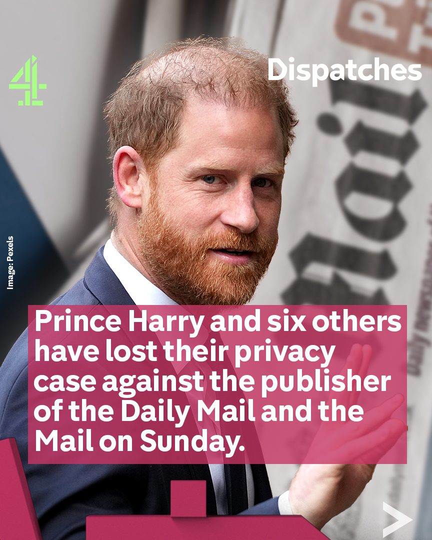 C4Dispatches's tweet photo. Prince Harry, along with six others lost their privacy case against the publisher of the Daily Mail and Mail on Sunday.

The Duke of Sussex claimed the newspaper group had used unlawful methods when gathering information for stories.

All 97 allegations were dismissed. https://t.co/ObLvh5VJyt