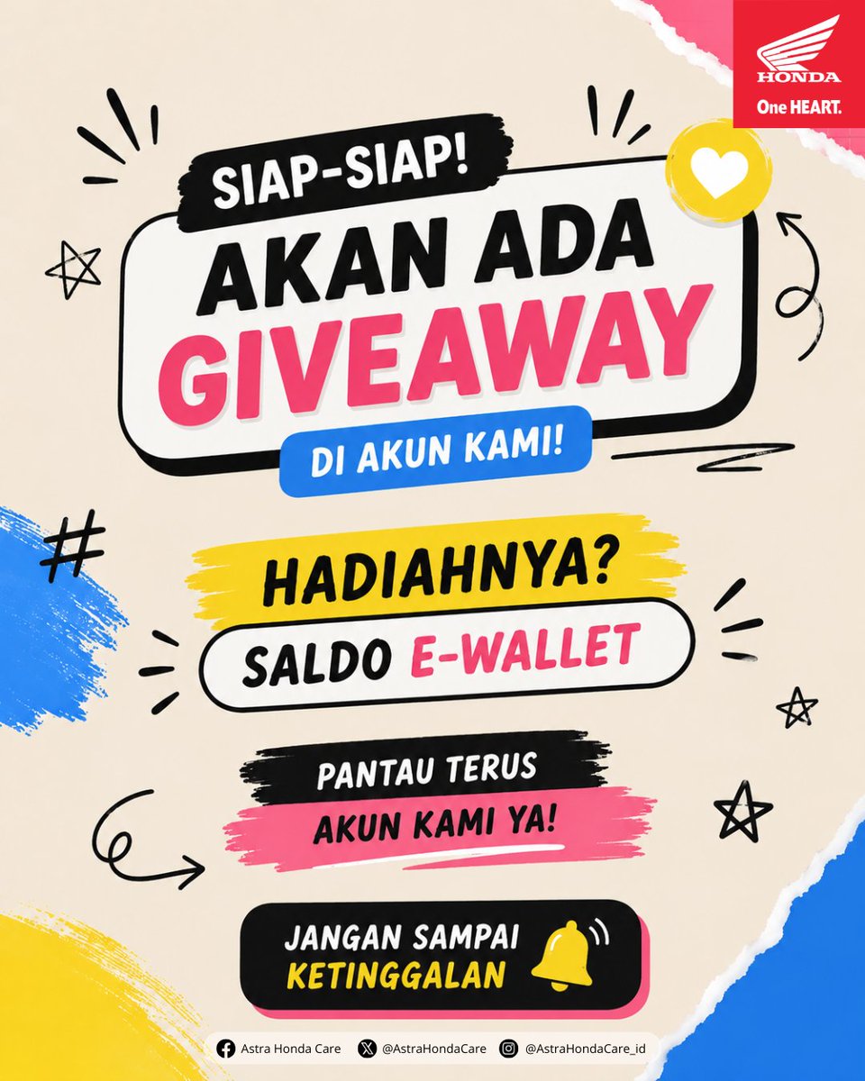 AstraHondaCare's tweet photo. 👀 Ada yang spesial nih... sebentar lagi bakal ada GIVEAWAY buat kamu! 🎉

Hadiahnya? 💸 Saldo e-wallet siap menanti!

Sebelum itu, jawab dulu ya...
👇 Kalau kamu menang giveaway, saldo e-walletnya mau dipakai buat apa?

Tulis jawabanmu di kolom komentar ya! Siapa tahu jawabanmu bikin kami makin semangat ngadain giveaway ini. 😆
#AstraHondaCare #SalamSatuHATI #GiveawayAHC