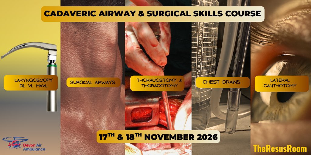 TRRevents's tweet photo. 🚨Master advanced airway management, surgical airways, thoracostomy, thoracotomy and more using human cadavers with expert faculty 🫁🔪
📅 17–18 Nov 2026, Bristol
Book now 👉 The Resus Room Cadaver Course
https://t.co/3pb7XI775z
#EM #PHEM #Airway https://t.co/p80AvhUMyH
