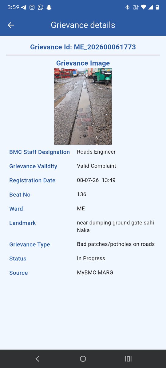 _sid__D's tweet photo. Dear @mybmc @BmcRoads @mybmcWardME 
Location: Near Dumping Ground Gate, Sahi Naka, M/East Ward (Beat No. 136)
Road par abhi bhi bad patches, potholes aur waterlogging ki gambhir samasya bani hui hai. Complaint ko Valid mark kiya gaya hai, lekin status abhi bhi In Progress hai. https://t.co/4gletW4q6k