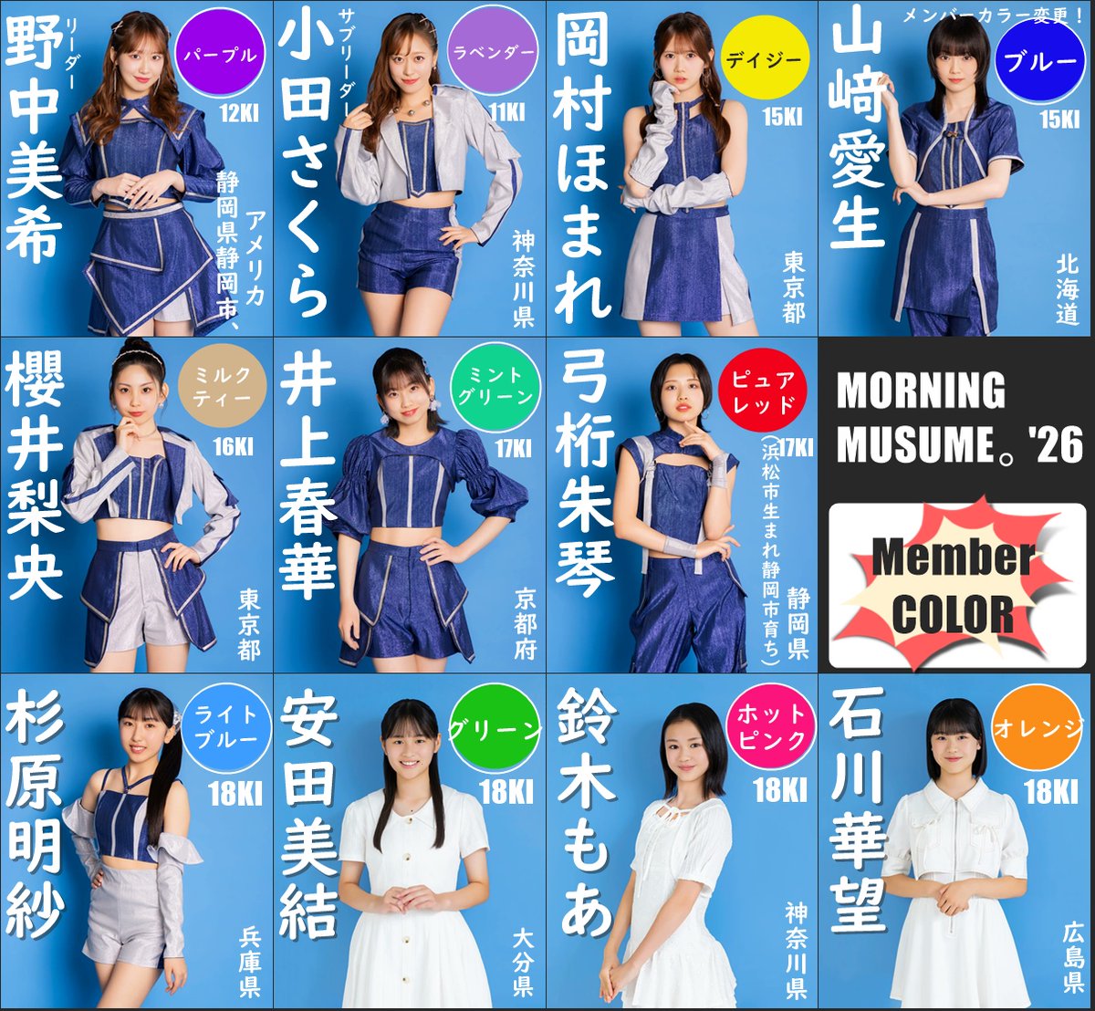 cue_910's tweet photo. モーニング娘。’26
18期メンバーのメンバーカラーが公開されましたね。（愛生ちゃんはブルーに変更！）
というわけで、メンカラ早見画像を作りました。 https://t.co/H0OjnnePgh