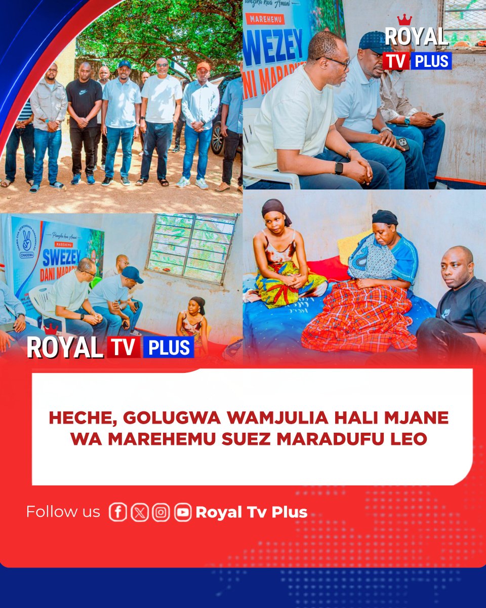 Royaltv_plus's tweet photo. #HABARIPICHA
Makamu Mwenyekiti wa CHADEMA Bara, @HecheJohn , pamoja na Naibu Katibu Mkuu Bara, Amani Golugwa, leo Jumatano, Julai 8, 2026, wamefika nyumbani kwa marehemu Suez Dani Maradufu kumjulia hali mke wa marehemu.
Katika ujumbe huo, wameambatana na Mwenyekiti wa BAVICHA Taifa, Deogratias Mahinyila,  Mwenyekiti wa CHADEMA Kanda ya Magharibi, Wakili Dickson Matata pamoja na viongozi wengine.