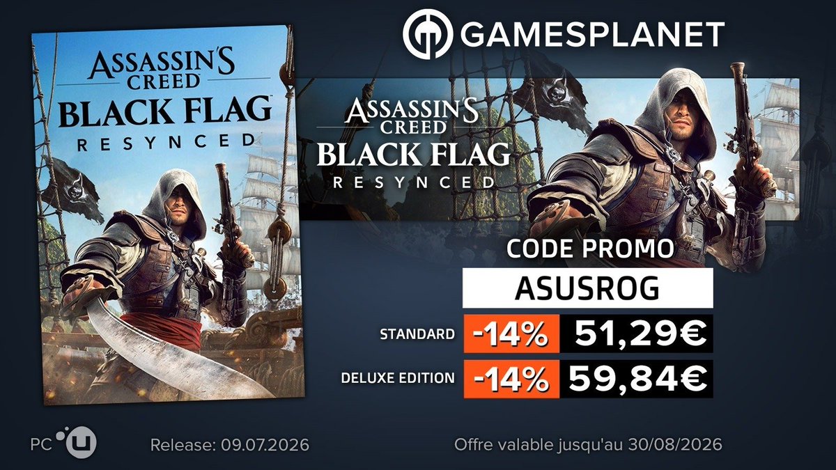 ASUS_ROG_FR's tweet photo. A l'occasion de la sortie d'Assassin's Creed Black Flag Resynced🏴‍☠️, profite d'une réduction chez @GamesplanetFR avec le code ASUSROG ! https://t.co/HwecFnkP0h