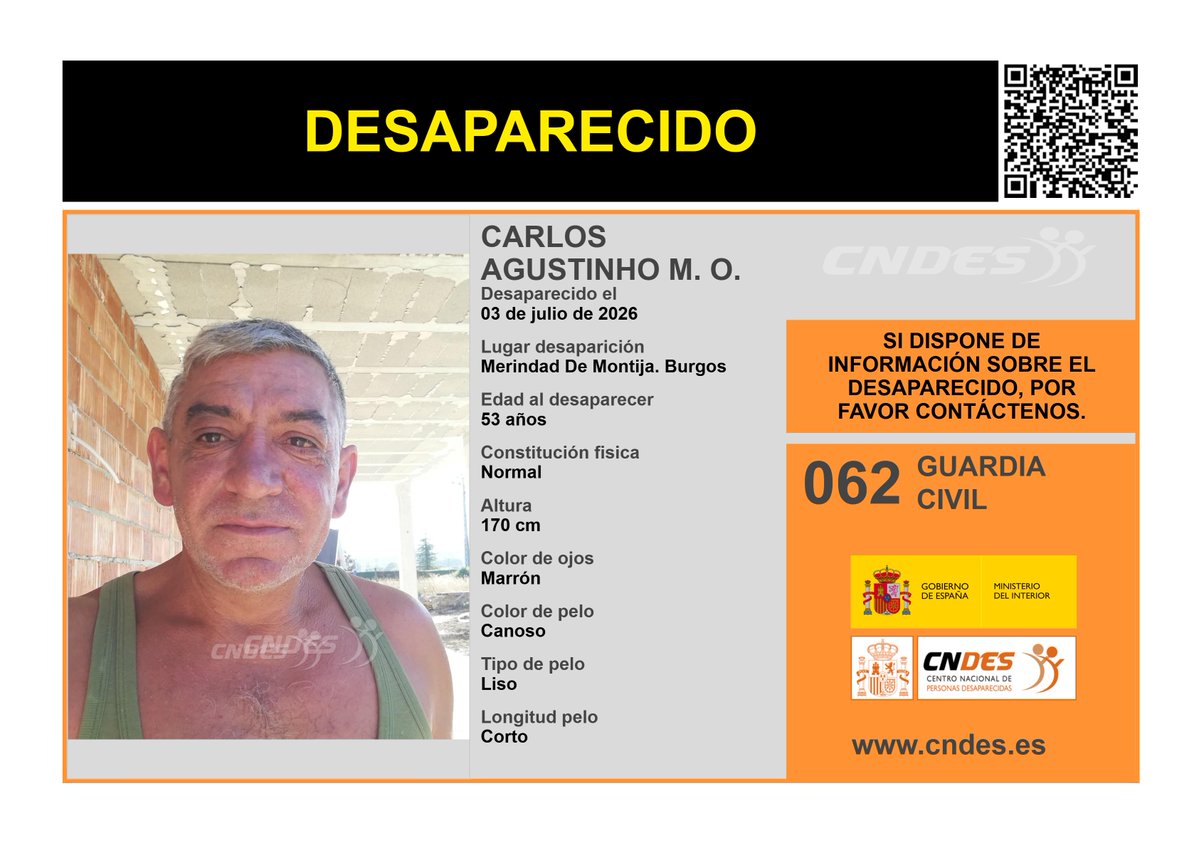 cndes_oficial's tweet photo. ⚠️𝘼𝙇𝙀𝙍𝙏𝘼⚠️
🚹DESAPARECIDO
Edad 53 años
🧐Visto por última vez #MerindadDeMontija
🔄RT para ayudar a encontrarlo
Si lo has visto o tienes pistas📩https://t.co/vrHrhu6U10
📞062 @guardiacivil
🔗Canal oficial @cndes_oficial
#desaparecido #Burgos https://t.co/VtDaDeLQhg