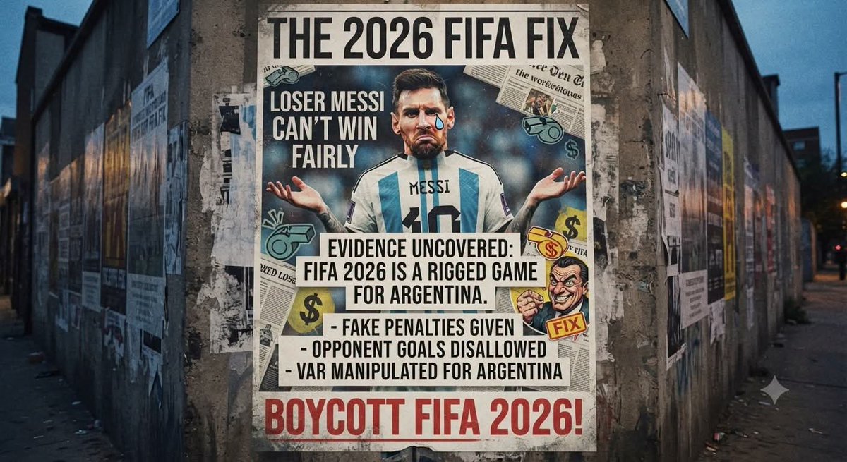 AmantC82547's tweet photo. Shame on FIFA! 2026 World Cup Rigged for Argentina & Loser Messi 🐕 Just Like ICC Supported India
#FIFAFix #FIFA2026 #MessiLoser #ArgentinaFix #WorldCupFix #LoserMessi #FIFAScam #MatchFixing #FIFAConspirac https://t.co/jMG60CpBJP