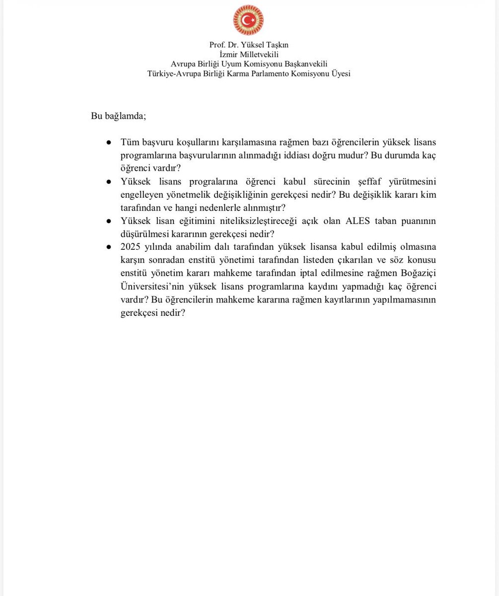 yukseltaskinn's tweet photo. Boğaziçi Üniversitesi'nin kayyum yönetimi, tüm üniversiteyi tek adamın kararıyla yönetmeye çalışıyor. Lisansüstü programlarına öğrenci alımında devreye sokulan yeni yönetmelik şeffaf bir sürecin yürütülmesini engellediği gibi liyakati de baltalıyor.

Makul görülmeyen öğrencilerin başvuruları geri çevriliyor, mahkeme kararları dahi uygulanmıyor.

Konuyla ilgili soru önergemi dikkatinize sunarım.