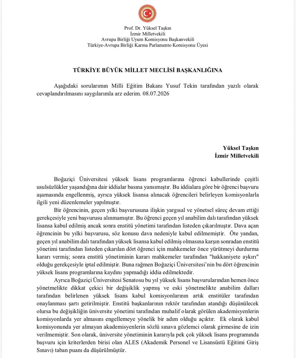 yukseltaskinn's tweet photo. Boğaziçi Üniversitesi'nin kayyum yönetimi, tüm üniversiteyi tek adamın kararıyla yönetmeye çalışıyor. Lisansüstü programlarına öğrenci alımında devreye sokulan yeni yönetmelik şeffaf bir sürecin yürütülmesini engellediği gibi liyakati de baltalıyor.

Makul görülmeyen öğrencilerin başvuruları geri çevriliyor, mahkeme kararları dahi uygulanmıyor.

Konuyla ilgili soru önergemi dikkatinize sunarım.