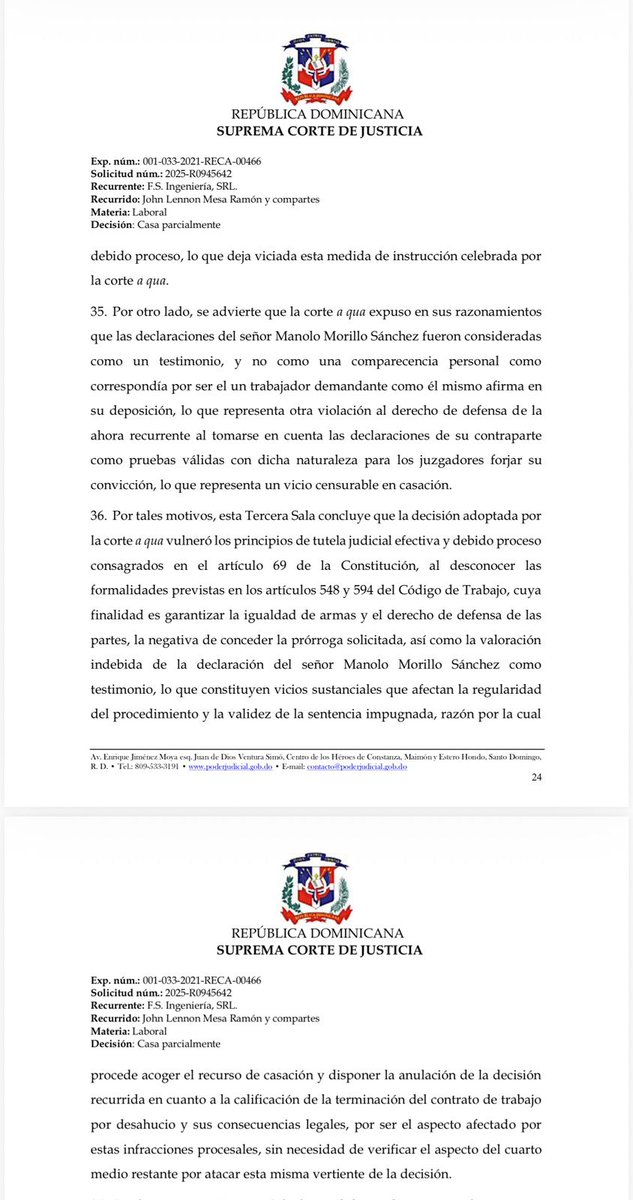 FJimenezRD's tweet photo. Regularización de lista de testigos y plazo para tomar conocimiento. Al rechazar la solicitud de prórroga formulada para tomar conocimiento de la corrección de la lista de testigos, se desconocieron las disposiciones previstas en los artículos 548 y 594 del Código de Trabajo y se vulneró el debido proceso. Factum: testigo que manifiesta tener otra dirección de la contemplada en la lista. Se ordena su corrección de manera in voce y se rechaza la solicitud de prórroga realizada por la contraparte.