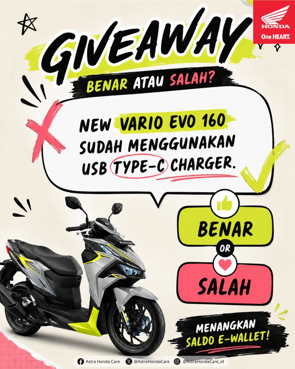 AstraHondaCare's tweet photo. 🚨 GIVEAWAY ALERT! 🚨

Gampang banget kok! 😆

Cukup jawab pertanyaan ini 👇

"New Honda Vario Evo 160 sudah menggunakan USB Type-C Charger."

Benar
Salah

Syarat ikut:
✅ Wajib like postingan ini kita akan pantau yaaa
✅ Ikuti halaman ini
✅ Tag 5 teman
✅ Share boleh banget 😉
✅ Follow juga Fanpage Astra Honda Care
✅ Semakin BANYAK MENJAWAB semakin BANYAK kesempatan untuk menang

🎁 Kesempatan mendapatkan Saldo E-Wallet menanti kamu!

Good luck! 🤞
#AstraHondaCare #SalamSatuHATI #GiveawayAHC