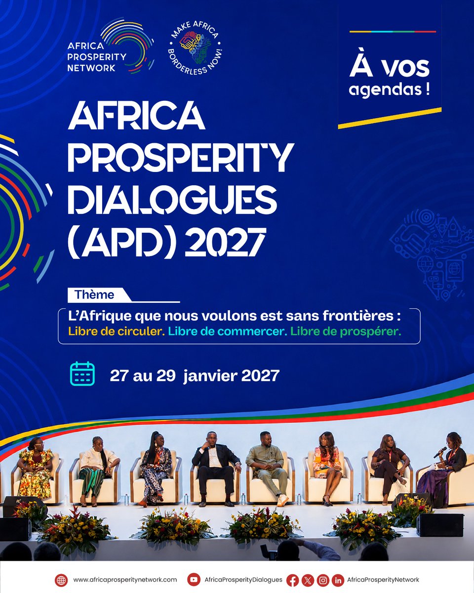 APN_Secretariat's tweet photo. SAVE THE DATE | Africa Prosperity Dialogues (APD) 2027

The countdown has begun!

The Africa Prosperity Dialogues (APD) 2027, Africa’s premier platform for advancing prosperity through integration, is returning under the powerful theme:

“The Africa We Want is Borderless: Free to Move. Free to Trade. Free to Prosper.”

From policymakers and business leaders to entrepreneurs, innovators, academia, social change makers and development partners across the continent and beyond, APD 2027 will once again convene the voices shaping Africa’s future.

Together, we will explore bold ideas, forge strategic partnerships, and accelerate practical solutions that unlock seamless movement, boost intra-African trade, and drive shared prosperity across our continent.

Registration opens soon! Keep an eye on our channels and be among the first to secure your place at Africa’s flagship dialogue on prosperity and integration.

The future of Africa is borderless. Don’t miss your opportunity to be part of the conversation that will help shape it.

#AfricaProsperityDialogues #APD2027 #TheAfricaWeWant #BorderlessAfrica #FreeToMove #FreeToTrade #FreeToProsper #MakeAfricaBorderlessNow #AfricaProsperityNetwork #AfCFTA #Agenda2063 #AfricaRising