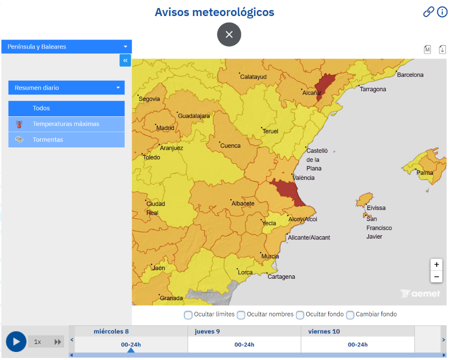 AEMET_CValencia's tweet photo. ⚠️ AVISOS METEOROLÒGICS ACTUALITZATS ⚠️

🚨 Onada de calor. HUI està activat l'avís ROIG al litoral sud de València.

🔥 Les temperatures poden superar els 44 °C a la Ribera Alta i valors similars a la Costera i altres zones de l'interior i el prelitoral sud de València. https://t.co/PParvqjAwP