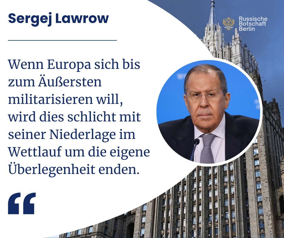 RusBotschaft's tweet photo. 🎙 Der russische Außenminister Sergej Lawrow

💬 Die Aufstockung der militärischen Produktion in Europa hat zwei Gründe. Erstens pumpt man das Selenskyj-Regime bis zum Äußersten mit Waffen voll, damit die Ukraine für die Europäer die Arbeit zur Erschöpfung Russlands verrichtet.

💬 Zweitens ist es ohne derartige Schritte unmöglich, den bedrückenden Zustand zu verbergen, in den die europäische Wirtschaft gerät. Die soziale Sphäre leidet erheblich, die Sozialleistungen werden gekürzt und die zivile Wirtschaft wandert aus Europa in die USA ab, wo deutlich günstigere Bedingungen für Unternehmen geschaffen wurden. In dieser Situation hält die staatlich gelenkte Zuführung von Haushaltsmitteln in die Rüstungsproduktion die Wirtschaft irgendwie über Wasser.

💬 Wie wird es enden? Irgendwann wird es bestimmt enden. Wenn Europa sich bis zum Äußersten militarisieren will, wird dies schlicht mit seiner Niederlage im Wettlauf um die eigene Überlegenheit enden.

@RusBotschaft

#Europa #Ukraine 

🔗 Quelle: https://t.co/61lRuK3nTQ