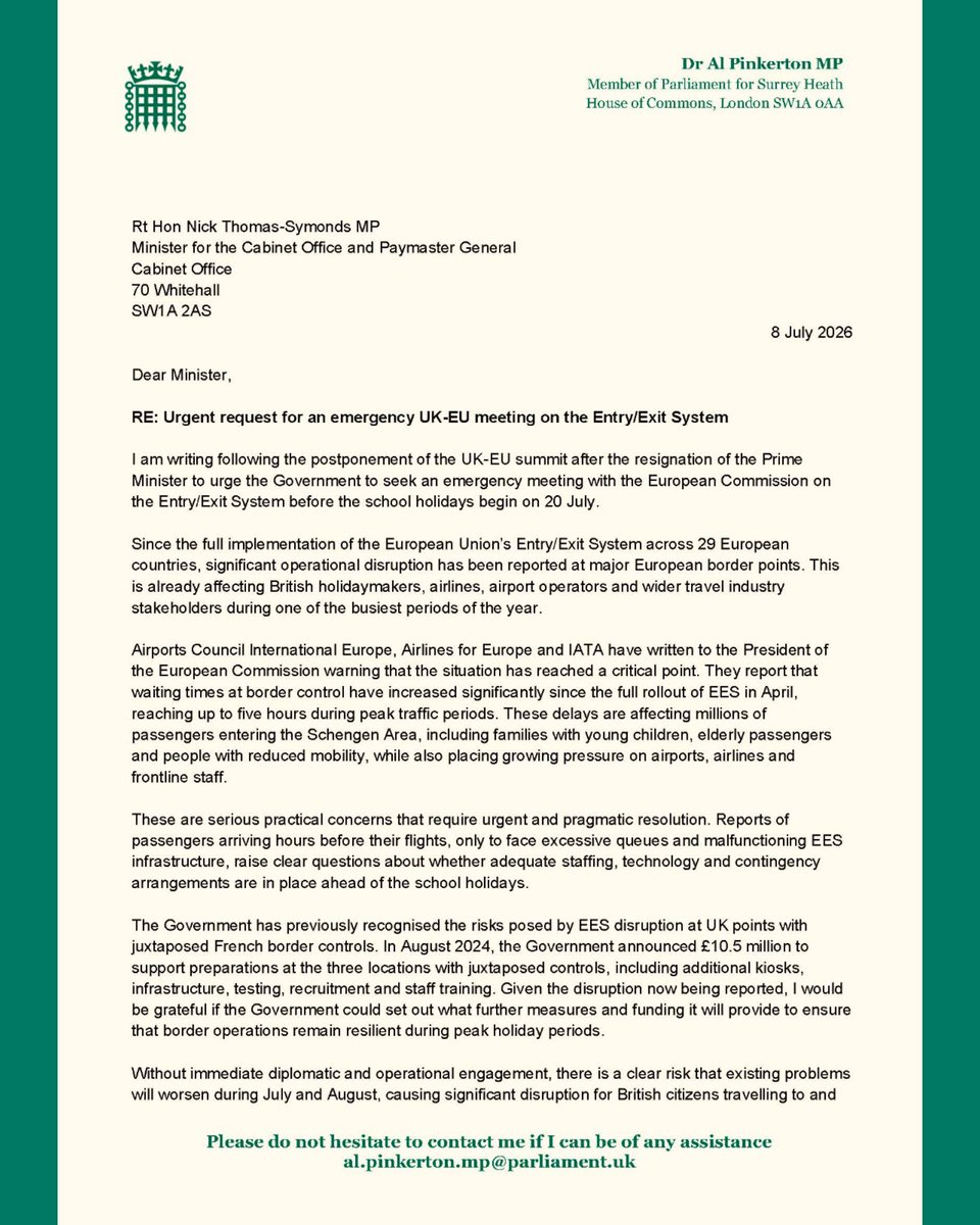 AlPinkerton's tweet photo. Cancelling the UK-EU Summit doesn’t cancel the problem.

The Government must urgently meet European counterparts to prevent Entry/Exit System delays causing chaos for British travellers this summer.

Our letter 👇 https://t.co/MitnZp5h4G