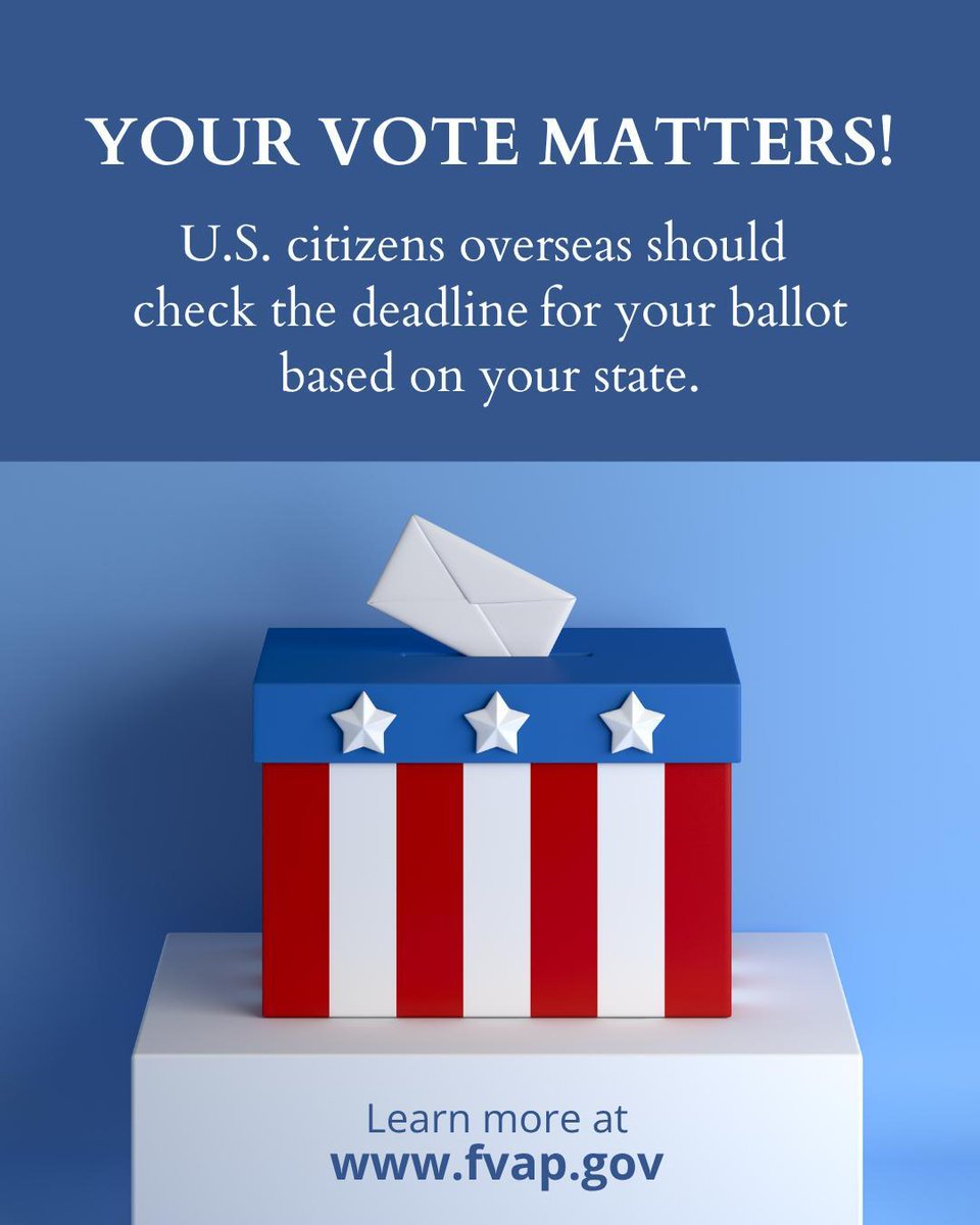 USEmbassySofia's tweet photo. U.S. citizens voting from abroad should check https://t.co/RG3CElnTNK for their state’s deadline to submit their ballot. It may be sooner than you think! https://t.co/hdnsTGbjem https://t.co/n0QZmqZV6j
