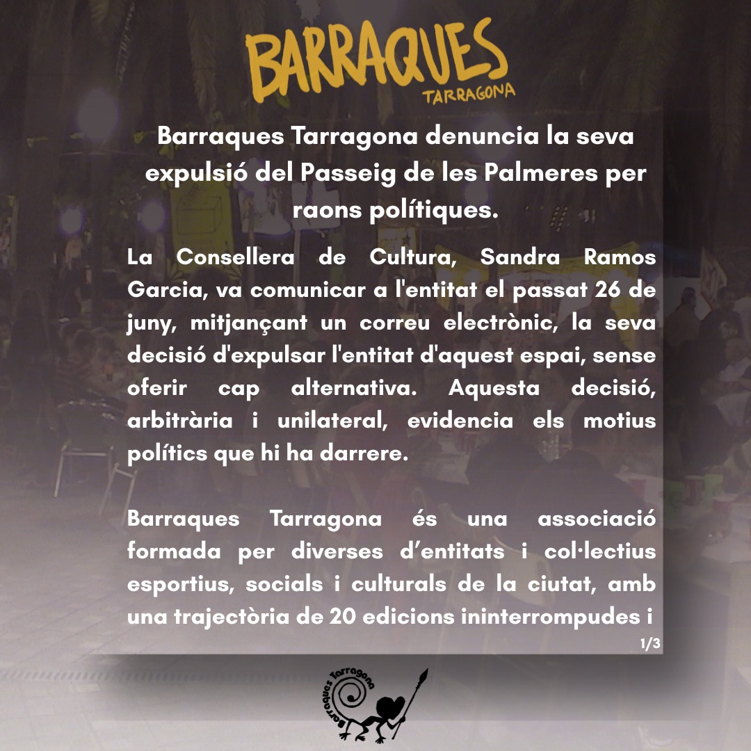 BarraquesTgn's tweet photo. Barraques Tarragona denuncia la seva expulsió del Passeig de les Palmeres per raons polítiques.

Després de 20 edicions el @PSCTarragona prohibeix la festa alternativa de Santa Tecla.

@Sandra_Ramos77 no generis un conflicte artificial.

Volem Barraques a les Palmeres! https://t.co/ytkM8RFvi3