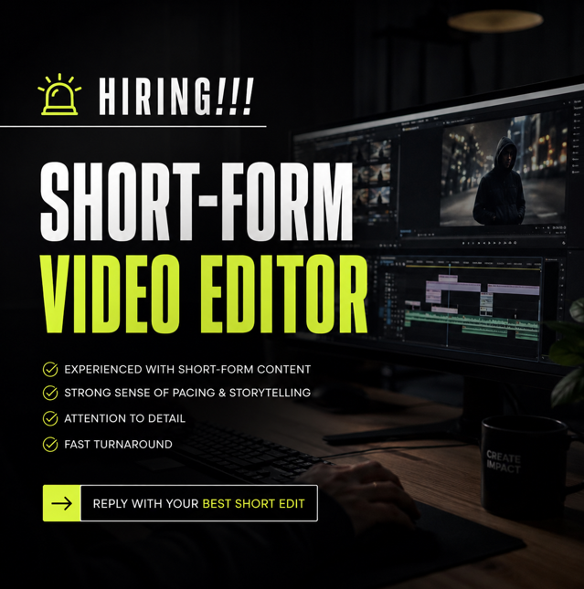SusanoEdits's tweet photo. 🚨Hiring: Short-Form video editor

Drop your best edit in the replies — most impressive one gets the job.🎬 https://t.co/qW4Bqpmo3M