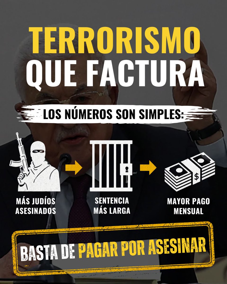 IsraelinSpanish's tweet photo. La Autoridad Palestina convirtió el terror en un modelo de negocio.

Más sangre judía → condena más larga → pago más alto.

A pesar de sus repetidas promesas de reforma, la política de “pagos por asesinatos” continúa. https://t.co/xRPqMaHWnu