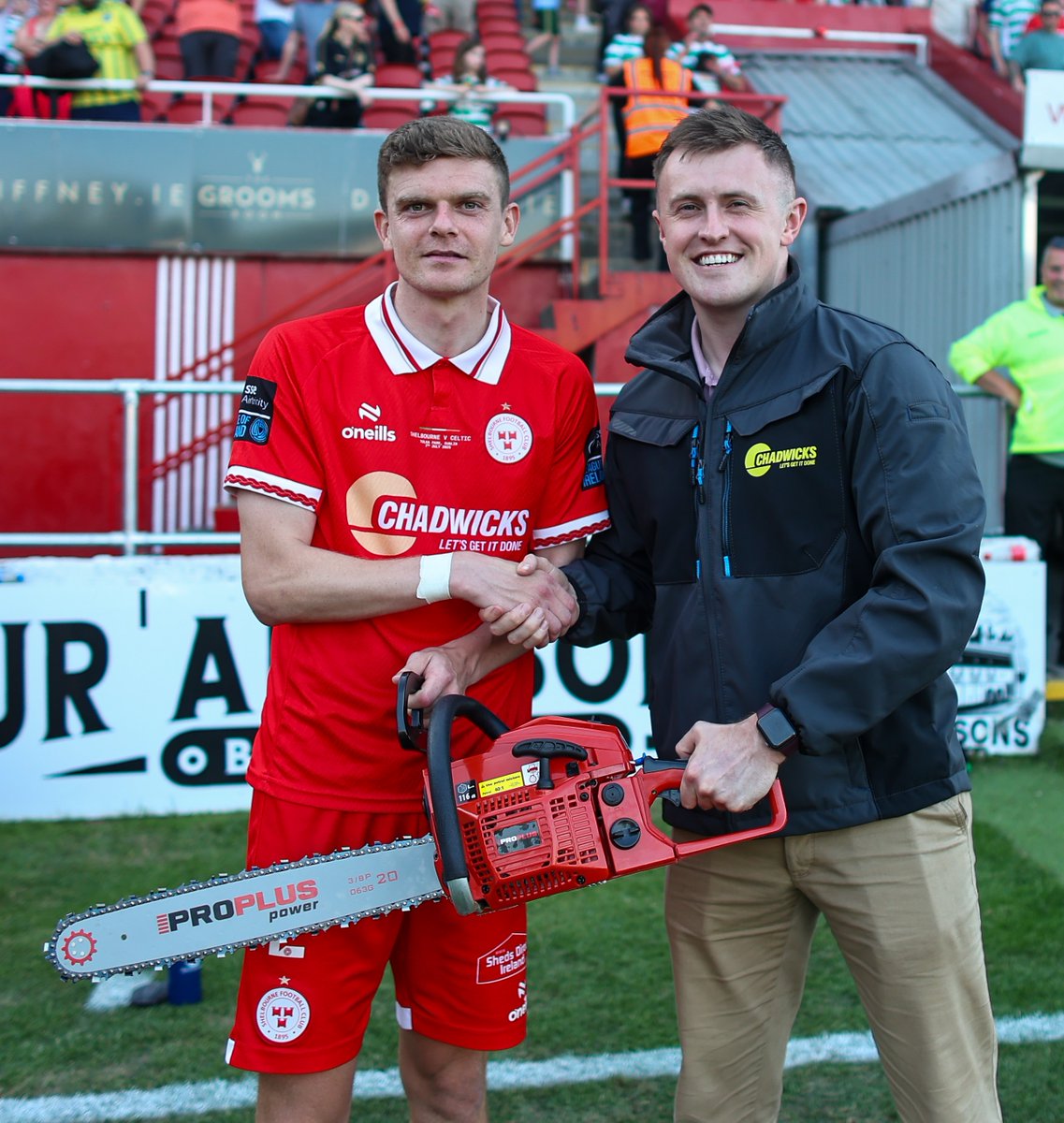 ChadwicksIE's tweet photo. We were delighted to present Sean Gannon with the Man of the Match award yesterday evening after Shelbourne’s 1-1 draw with Celtic, with a late Celtic goal denying Shels the win.
Presenting the brand-new chainsaw to the MOTM was our own Sean Duggan from the Chadwicks marketing team.
Congratulations, Sean! 🔴⚪️
#DublinsFinest #Chadwicks #LetsGetItDone