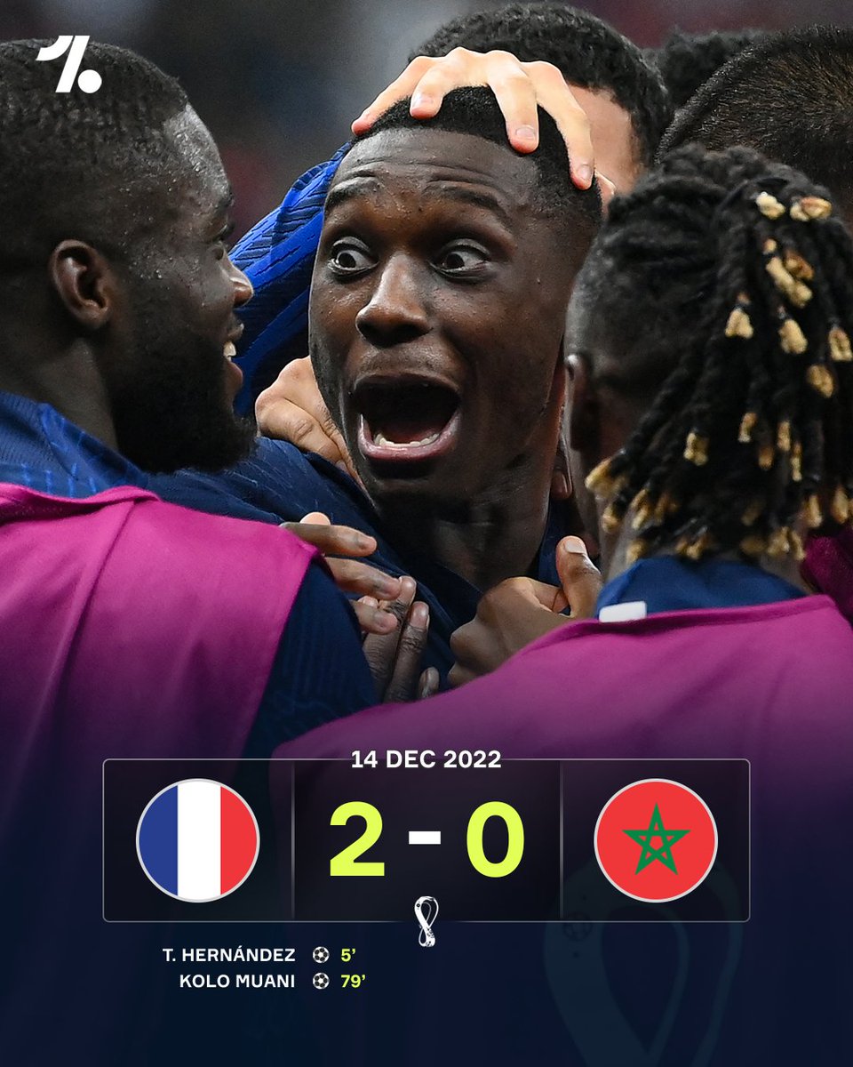 OneFootball's tweet photo. For the second World Cup in a row France and Morocco will meet in the knockouts, in 2022 they went to battle for a place in the final, this time it's their semi-final spot on the line and Morocco will be out for revenge 👀🍿 https://t.co/rZ5Qbpj3u7