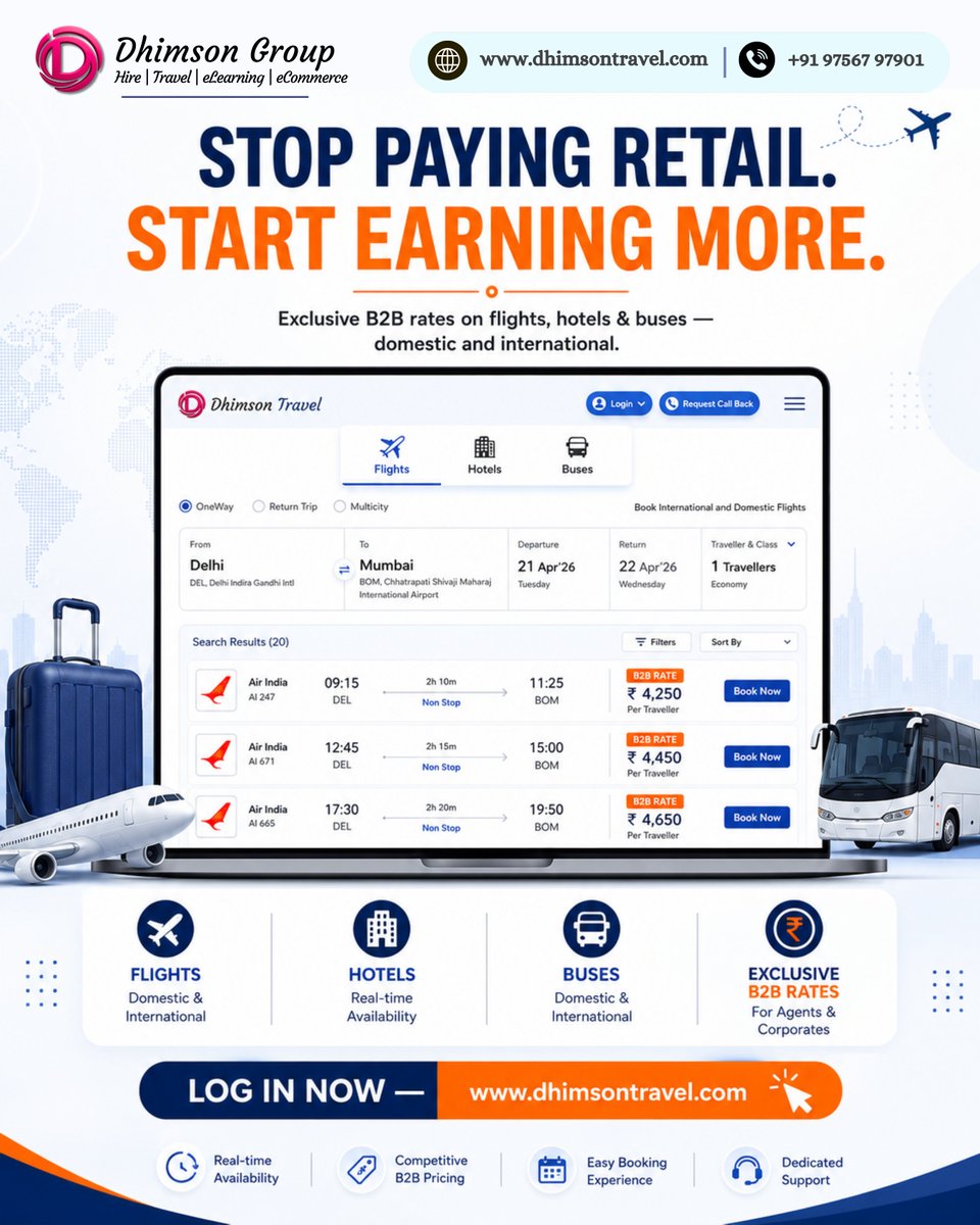 DhimsonT52064's tweet photo. Dhimson Travel's B2B portal — exclusive trade rates on flights, hotels &amp; buses. Domestic &amp; international.
Stop settling. Start earning.
👉 https://t.co/q1oNaU6yB3 |📞 +91 97567 97901
#B2BTravelRates #TravelAgents #DhimsonTravel #ExclusiveRates https://t.co/SxCDFzyH8e