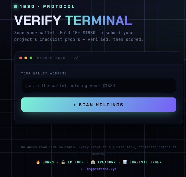 numberoneBSG's tweet photo. $#1BSG🚀🚀 ..GM CT 
SOME IMPORTANT UPDATES FOR THE 
https://t.co/1fd6kGToCE
💎 YOU CAN'T BUY DIAMOND.

Every other tracker gives you a green checkmark for showing up. We built something that can't be faked, bought, or rushed. Here's how the Survival Index actually works — for degens AND devs. 🧵

─

📊 THE SCORE (0–100)
Your token gets a live Survival Score, re-read off the chain every day. Four tiers:

🥉 BRONZE (25–49) — showing up
🥈 SILVER (50–74) — doing the work
🥇 GOLD (75–89) — strong on every pillar
💎 DIAMOND (90–100) — survived. earned. untouchable.

──

🔥 THE FOUR PILLARS (what we read)
🔥 Burns — verified on-chain, not screenshotted
🔒 LP Lock — locked or burned, we check the contract
🏦 Treasury — publicly declared, project-controlled
📊 Survival Index — all of it, scored live

No forms to fake. The chain doesn't lie, so neither does your score.

─

💎 WHY DIAMOND IS DIFFERENT

Gold you can earn in a day. Do everything right — burn your supply, lock your LP, declare your treasury, spread your holders — and you hit Gold by tonight.

Diamond? Diamond makes you WAIT.

It's not a point total. It's a GATE. To even qualify, you need ALL of these AT THE SAME TIME:

🕒 Alive 270+ days (~9 months)
🔒 LP burned, or locked 180+ days out
👥 Top 10 wallets under 15%
🔥 2%+ supply burned
🏦 Treasury declared AND re-confirmed in the last 30 days

Here's the part that matters:

A whale could fund a "perfect" token tomorrow. Max burns. Locked LP. Clean treasury. Beautiful chart. And it STILL can't touch Diamond — because it hasn't survived 9 months yet. There is no amount of money that skips the clock.

Diamond means: this project was here 9 months ago, it's still here, and every metric held the whole way. That's not a launch. That's a track record.

──

⏱️ AND IT STAYS HONEST

A score frozen at launch is a lie waiting to happen. So proofs age:

⛓️ On-chain stuff (burns, LP, locks, holders) — re-read daily, automatic, forever
📌 Static stuff (team, roadmap, product) — prove once, it holds
⏱️ Living stuff (recent posts, active community) — fades if you go quiet, because a dead project shouldn't look alive

Stop shipping? Your score knows. That's the whole point.

-

🛠️ DEVS — verify your own project

New self-serve portal is LIVE. No wallet connect, zero friction:

1️⃣ Paste your wallet → we scan your $1BSG holdings live
2️⃣ Hold 1M+ → your checklist unlocks
3️⃣ Drop your proof links → verified → scored

Your burns and locks are already counted automatically. The portal is for the human stuff — team, roadmap, product, community.

👉 https://t.co/gyJHCGVtmN