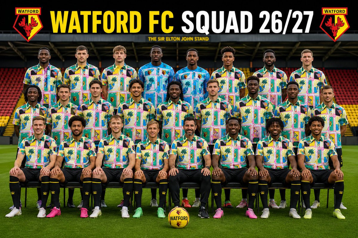 WD18_0ER's tweet photo. Due to budgetary constraints #WatfordFC have decided to re-purpose the WFC "POSTCARD HAWAIIAN SHIRT" as the new Home Kit - there will also be an overdyed away kit version https://t.co/LB3knAceJe