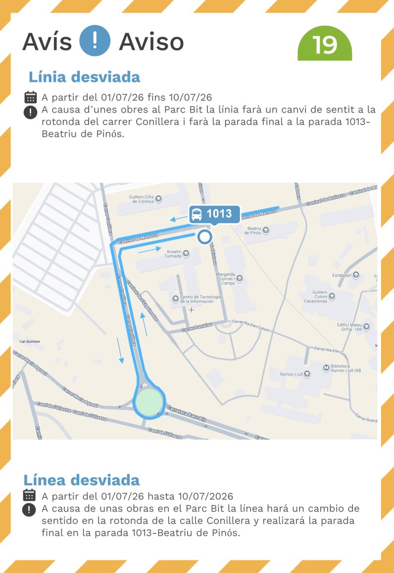 EMT_Palma's tweet photo. #AvisosEMT ⚠️ S'amplia aquest avís fins dia 10/07.
-
⚠️ Se amplía este aviso hasta el 10/07 https://t.co/Azq6Fmzfhl