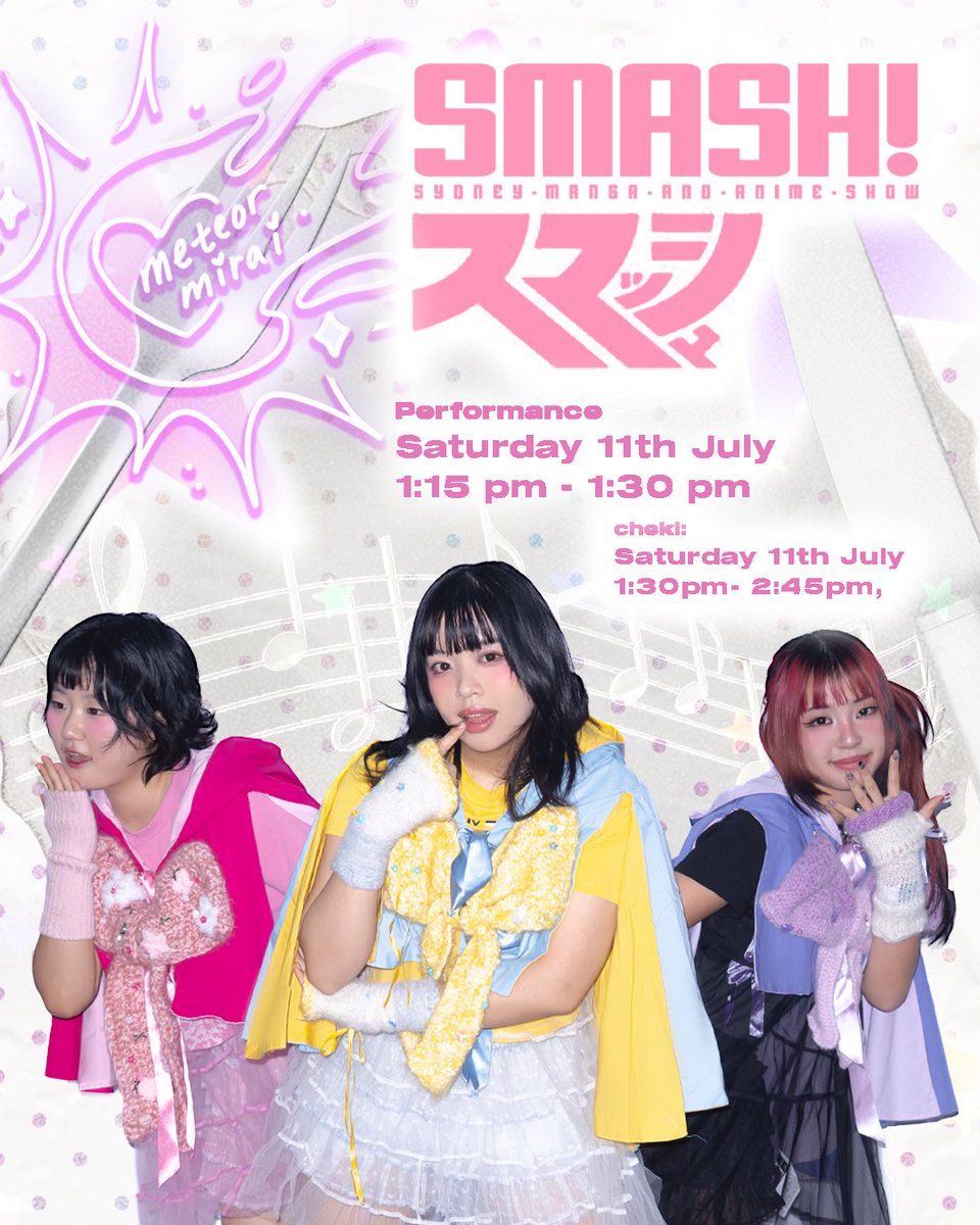 cococaffed's tweet photo. 🌠 Once in a blue moon!! Meteor Mirai is back for @smashcon 2026!!!! 🌠

Catch our once-a-year stage on Smash Saturday at 1.15pm 🌌

Plus, we’ll be taking cheki at our table right after our performance, so don’t miss out!!

See you soon!! 💛🩷💜
#smashcon2026 https://t.co/ejIdMC0RQN