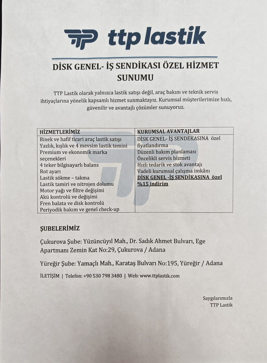 adanagenelis1's tweet photo. Sendikamız DİSK Genel-İş ile TTP Lastik aradında imzalanan protokolle, Genel-İş 1 ve 2 No'lu Şube üyelerine, %15 indirim sağlanmıştır.
Üyelerimize kutlu olsun. https://t.co/Tm0jtvrarJ