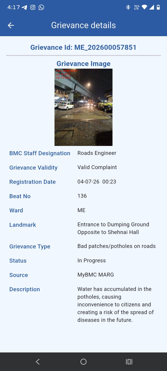 _sid__D's tweet photo. Dear @mybmc @mybmcWardME
Grievance ID: ME_202600057851
Complaint registered on 04-07-2026 is still pending with status "In Progress"
Entrance to Dumping Ground, M/East Ward.
Dangerous potholes &amp; waterlogging continue to risk public safety. Kindly complete this repairs immediately https://t.co/mMq4UCcDGz