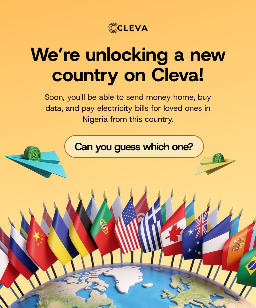 clevabanking's tweet photo. A new country is about to join the Cleva family. ๐
We're making it easier for more people to support loved ones in Nigeria without the usual stress.
Any guesses where we're launching next? Drop your answer below. ๐
#cleva #getcleva https://t.co/wngDXKxA2t