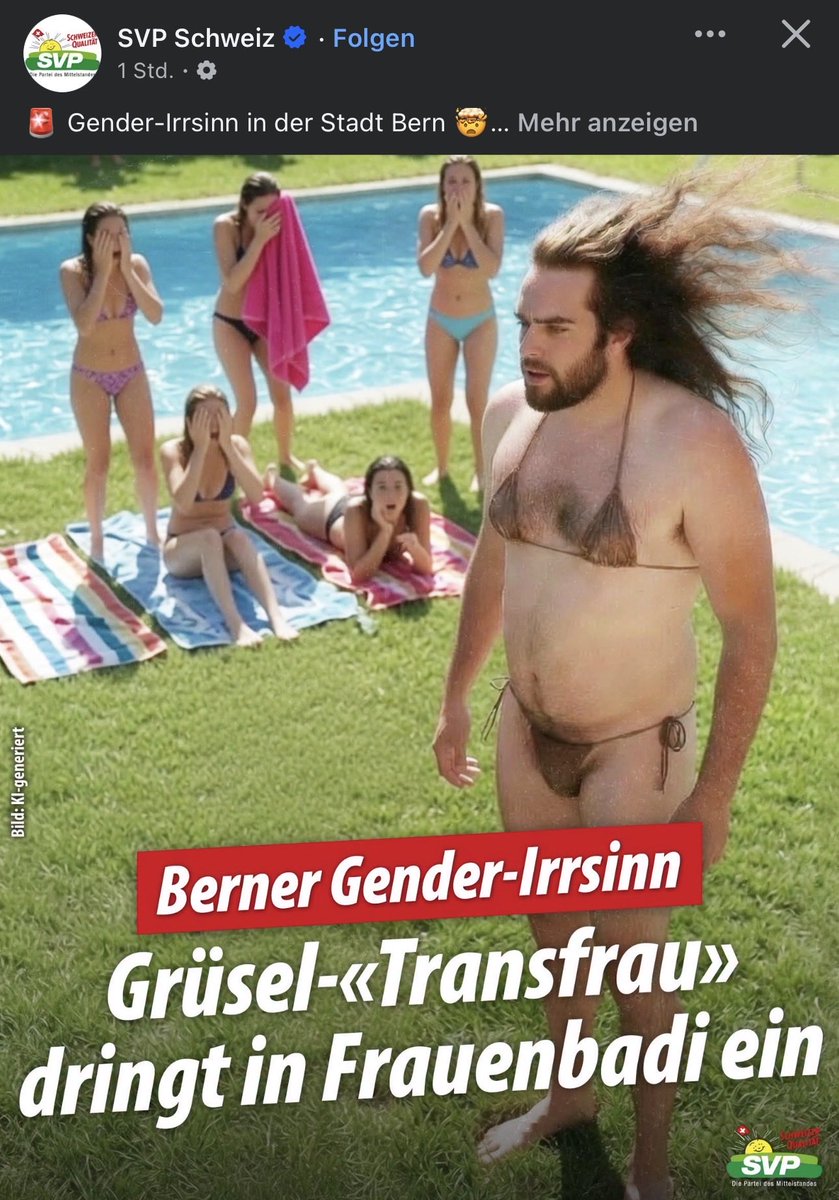 Recherche_RecTv's tweet photo. Die @svpch schockt mit einem tranfeindlichen Plackst auf ihren Sozialen Medien. Dabei wird auf Anfang Juli 2026 kam es im Frauenbereich («Paradiesli») des Berner Freibads Marzili zu einem kontroversen Polizeieinsatz. Die Reaktion der Stadt Bern: Die Stadt Bern: https://t.co/4ViONwt0MZ