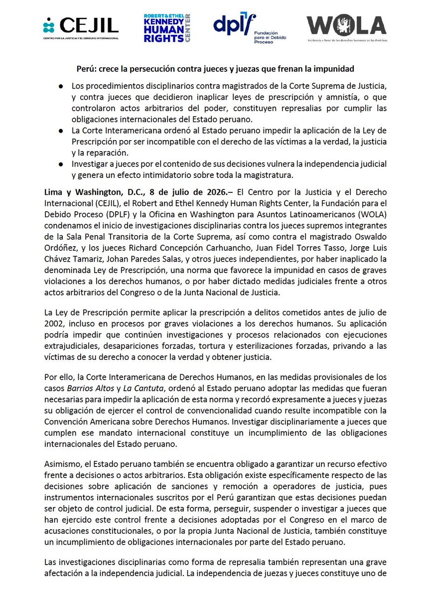 DPLF_info's tweet photo. 🇵🇪 Junto a @cejil, @WOLA_org y @Kennedy_HRC, alertamos sobre la persecución contra jueces y juezas en #Perú que han aplicado estándares interamericanos o controlado actos arbitrarios del poder. (1/2) https://t.co/UAQWDHUG1x