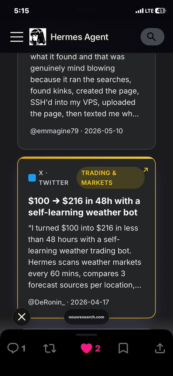 Allowz_'s tweet photo. @Teknium @ZuiLoong 🔥🔥🔥 the $100>$216 in 48 h really blew my mind 🤯
Best I’ve seen. Trying it on my android termux. I’ll have hermes set it up since its already installed there.
A quick question tho @Teknium https://t.co/U5jU2Jgtyn