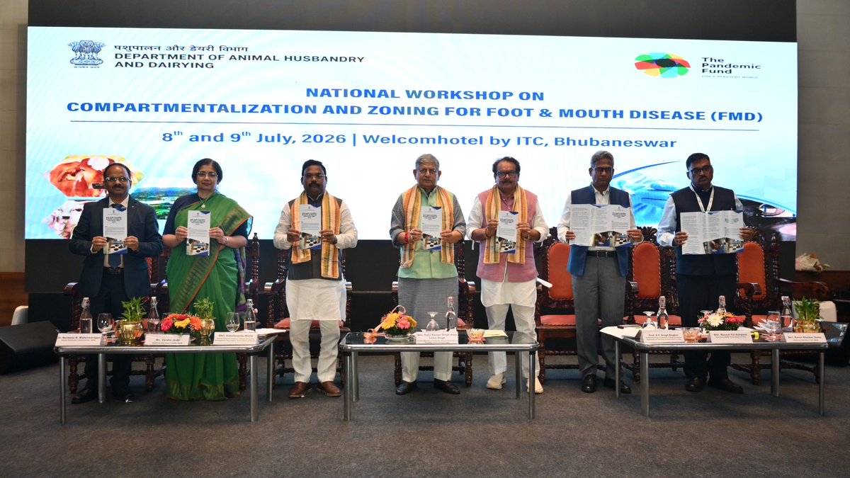 farddepartment's tweet photo. The Department of Animal Husbandry & Dairying (DAHD), Government of India, is organizing a two-day National Workshop on Compartmentalisation and Zoning for Foot and Mouth Disease (FMD) on 8–9 July 2026 at Bhubaneswar, Odisha.

The workshop was inaugurated by Shri Rajiv Ranjan Singh, Hon'ble Union Minister for Fisheries, Animal Husbandry & Dairying and Panchayati Raj, in the presence of Prof. S. P. Singh Baghel, Hon'ble MoS for Fisheries, Animal Husbandry & Dairying, Government of India, and Shri Gokulananda Mallik, Hon'ble Minister, Fisheries & Animal Resources Development Department, Government of Odisha.

Bringing together policymakers, technical experts, and State representatives, the workshop focuses on strengthening FMD control strategies, including harmonised vaccination, implementation roadmaps, and enhanced inter-state coordination. The deliberations will improve animal health systems and help India achieve FMD-free status by 2030.

#FMDFreeIndia #FARDOdisha #LivestockDevelopment

@CMO_Odisha @LalanSingh_1 @mos_fahd_pr @GokulanandaBJP @Vijaykulange