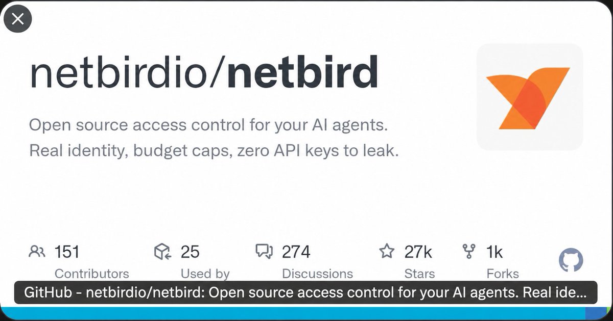 netbird's tweet photo. Stop handing out API keys to AI agents. Open source identity, access, and cost control for Claude Code, Codex &amp; more:
https://t.co/rXhmFvkKm9 https://t.co/jT5mt7yTMM